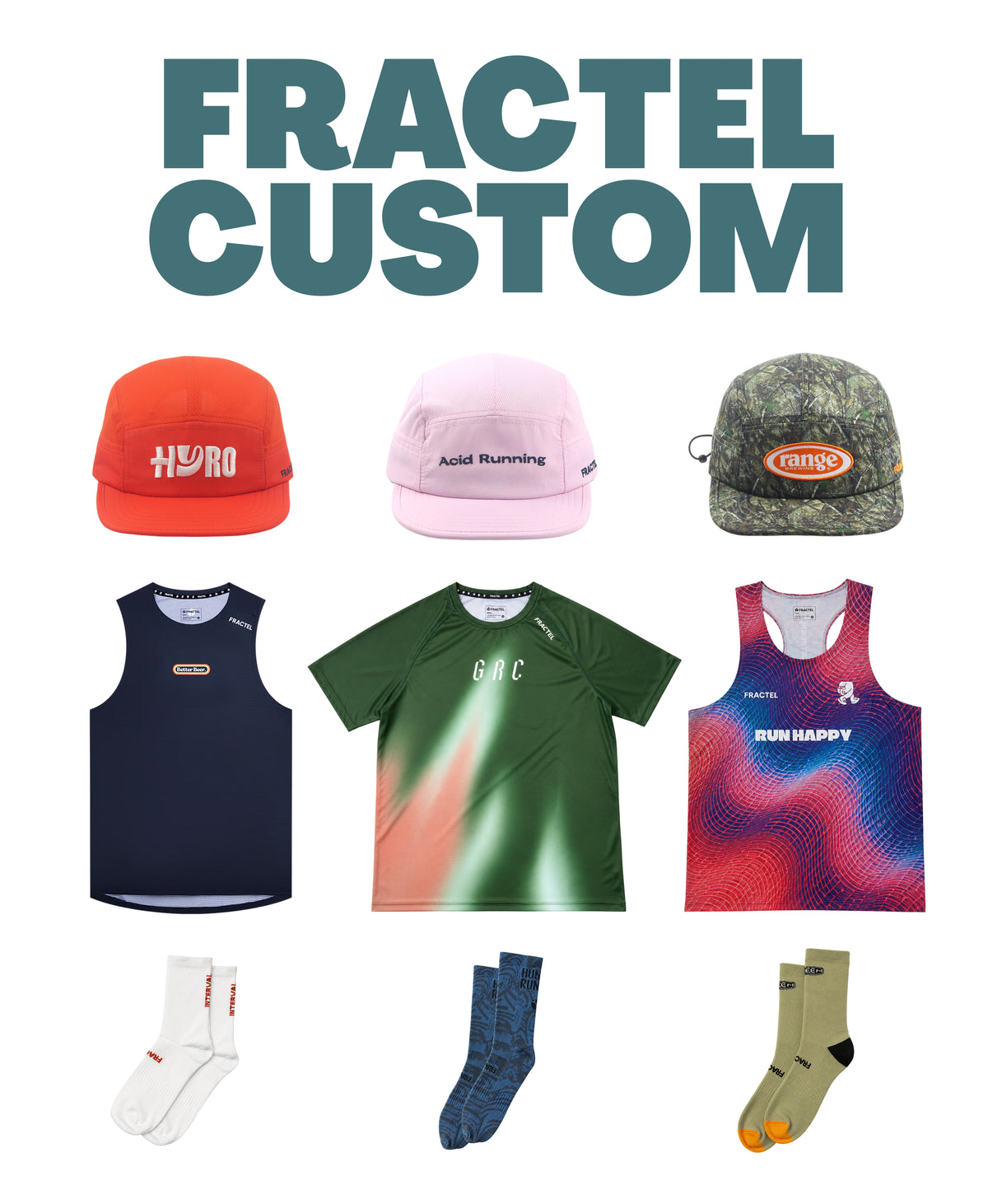 A collage of multiple apparel items under the large text 'FRACTEL CUSTOM' on a white background, including three caps, three tank tops, a short-sleeve athletic shirt, and three pairs of socks. This shows custom running apparel and headwear.