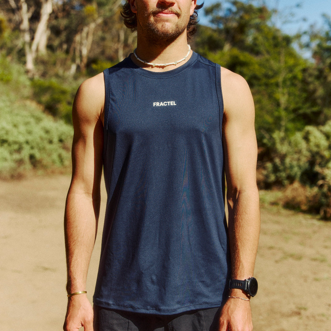 Mens Blue Performance Running Singlet On Model