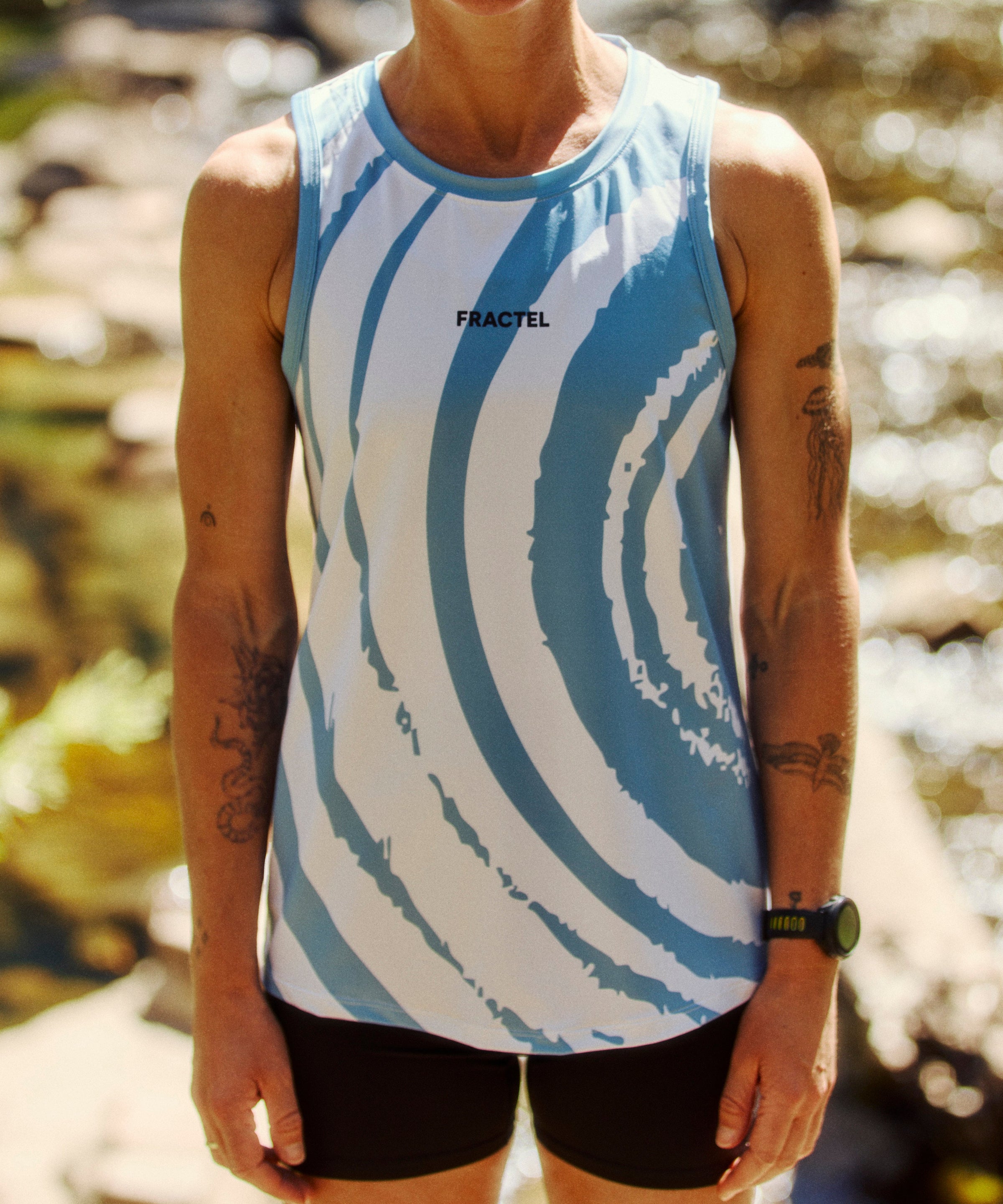 Womens Blue Performance Running Singlet On Model 