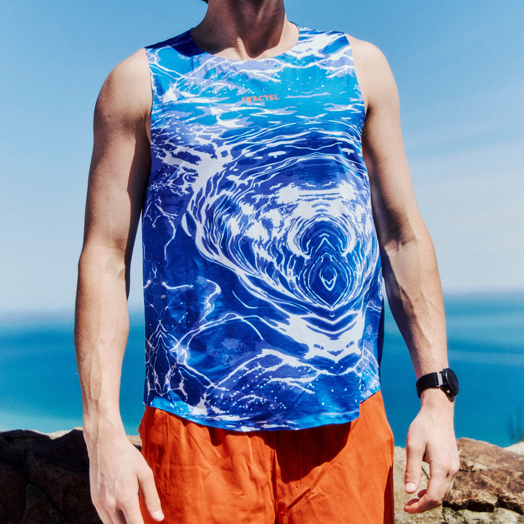 Mens Blue Performance Running Singlet on Model