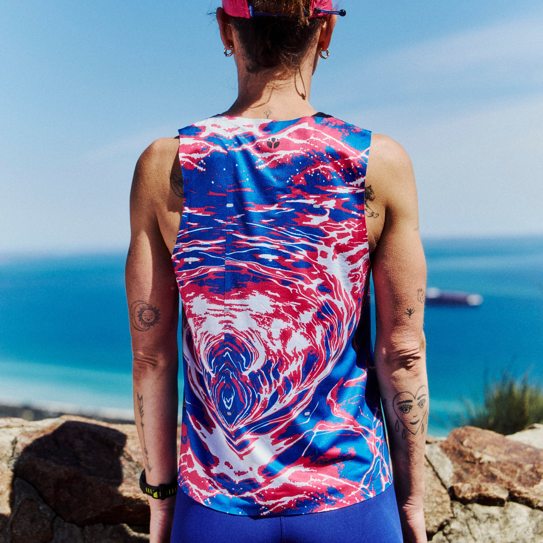 Womens Blue Performance Running Singlet on Model