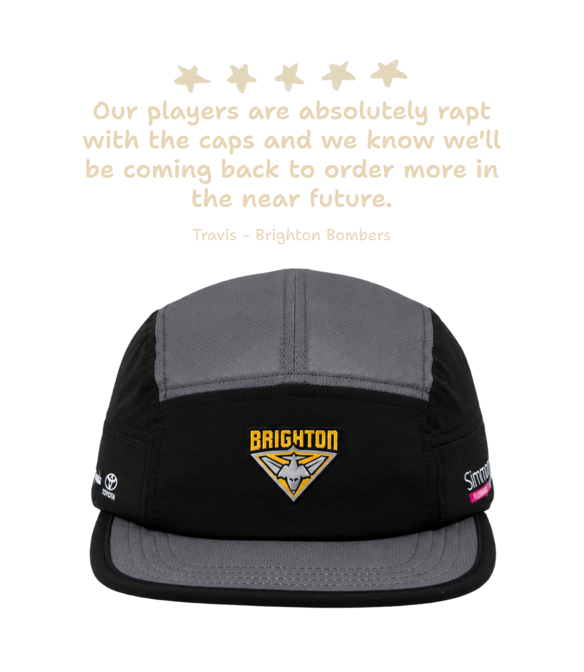 A custom running hat with a Brighton logo embroidered on the front, shown below a quote from Travis about the cap. The quote is in a light beige font on a white background.