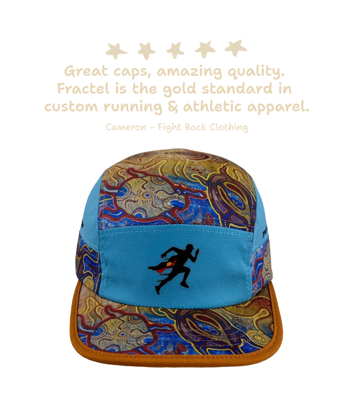 A custom running cap with a light blue front panel featuring a black running silhouette logo, and patterned side panels in blue, gold, and red. The cap is shown against a white background with a quote and five stars above it.