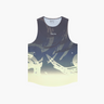 A sleeveless tank top with a dark abstract graphic print fading into a pale cream glow at the bottom, featuring the word 'FRACTEL' printed on the chest, shown on a light gray background.