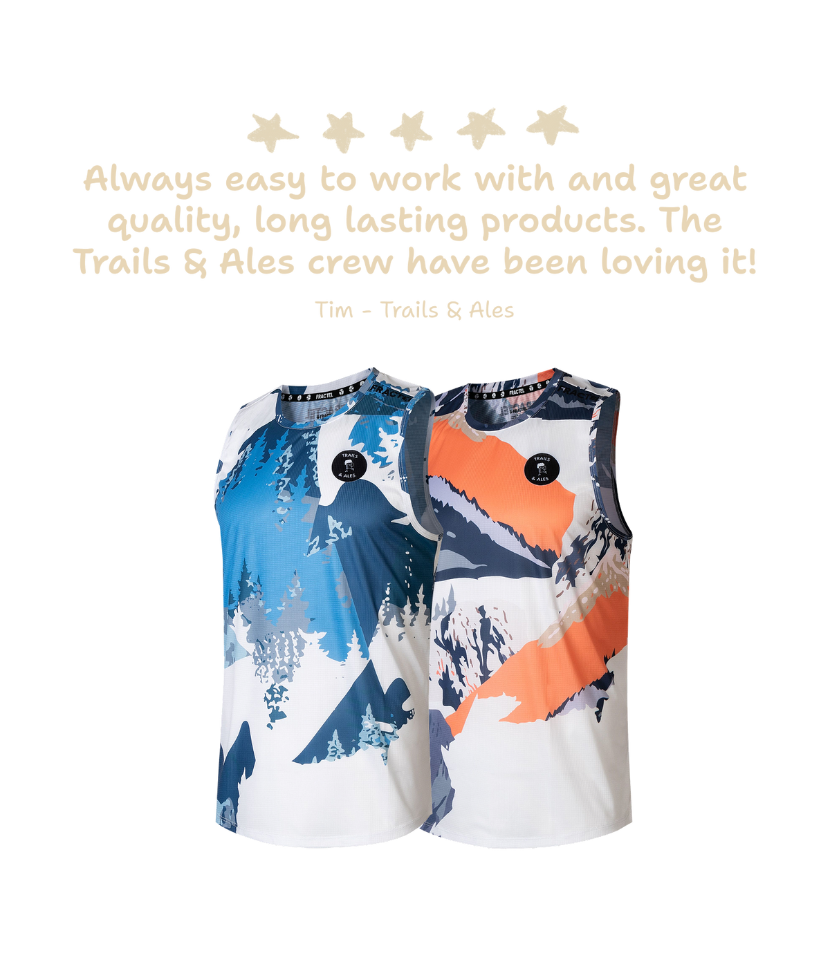 Custom running apparel shown on a white background with promotional text above. The left top is white with blue and navy mountain/tree graphics, and the right top is white with orange and navy mountain graphics.